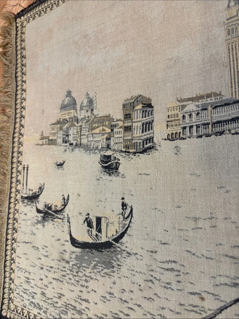 Vintage Venezia Beige and Black Venetian Gondola Wall Tapestry